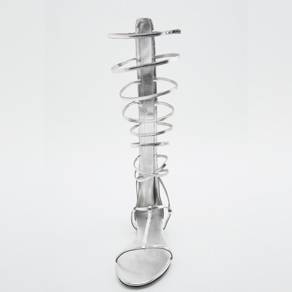 NEW Zara Tall Mid Calf Metallic Silver Gladiator Strappy Sandals 1615/010 - Picture 7 of 12